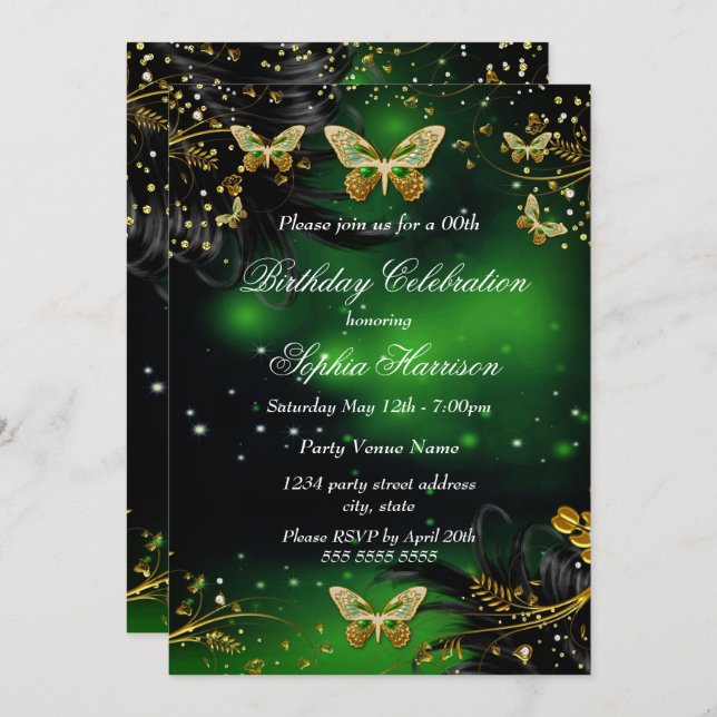 Invitación Sparkle Green Gold Butterfly Fiesta de cumpleaños (Anverso / Reverso)