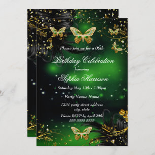 Invitación Sparkle Green Gold Butterfly Fiesta de cumpleaños