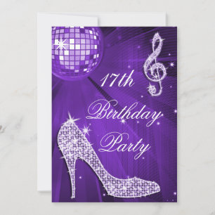 Invitación Sparkle Heels Purple Disco Ball 17 cumpleaños