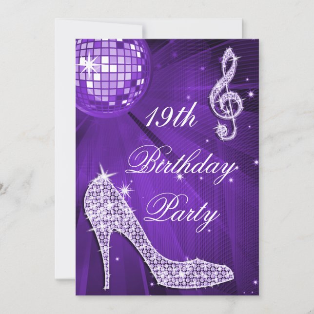 Invitación Sparkle Heels Purple Disco Ball 19 cumpleaños (Anverso)