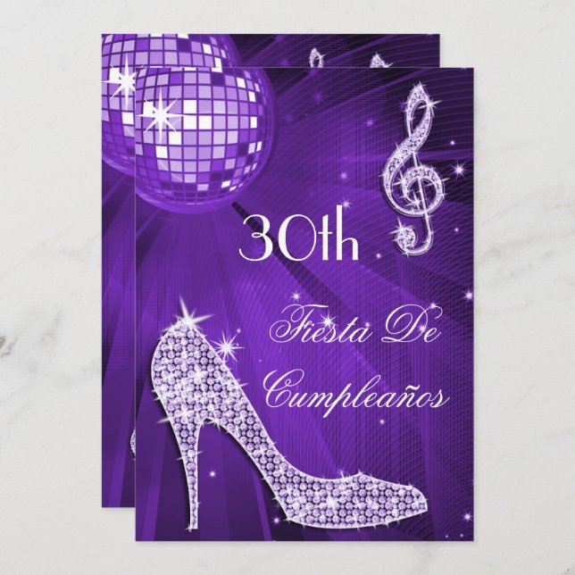 Invitación Sparkle Heels Purple Disco Ball 30th Birthday (Anverso / Reverso)