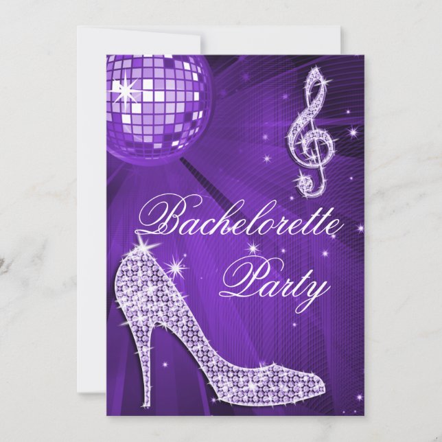 Invitación Sparkle Heels Purple Disco Ball Bachelorette Party (Anverso)