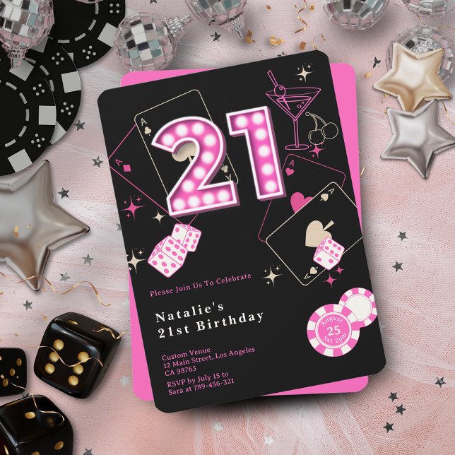 Invitación Sparkle Hot Pink Casino Dice & Chips 21º cumpleaño (Sparkle Hot Pink Casino Dice & Chips 21st Birthday Invitation)