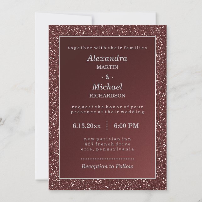 Invitación Sparkle Marsala y Faux Purpurina Boda (Anverso)
