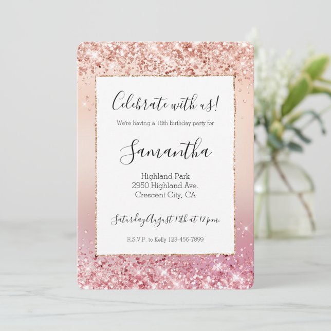 Invitación Sparkle Ombre rosa y Rosa (Anverso de pie)