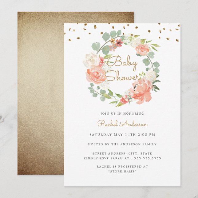 Invitación Sparkle Peach Gold Wreath Baby Shower (Anverso / Reverso)