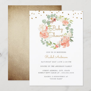 Invitación Sparkle Peach Gold Wreath Baby Shower