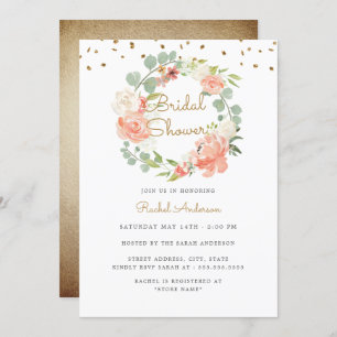 Invitación Sparkle Peach Gold Wreath Brillante
