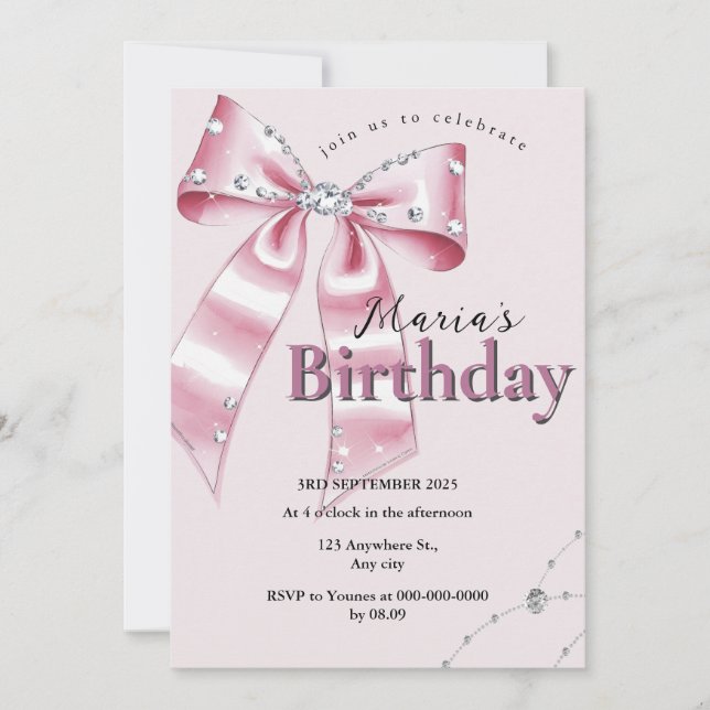 Invitación Sparkle Pink Coquette Bow 1st (Anverso)
