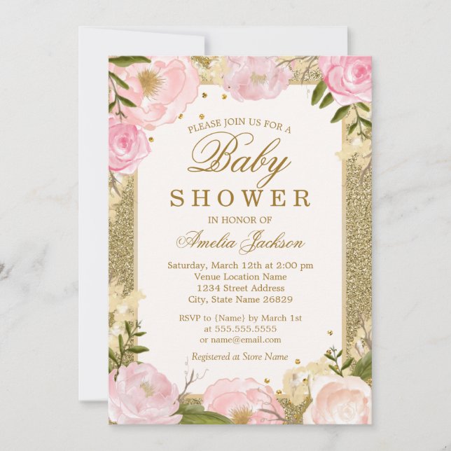 Invitación Sparkle Pink Gold Floral Baby Shower (Anverso)