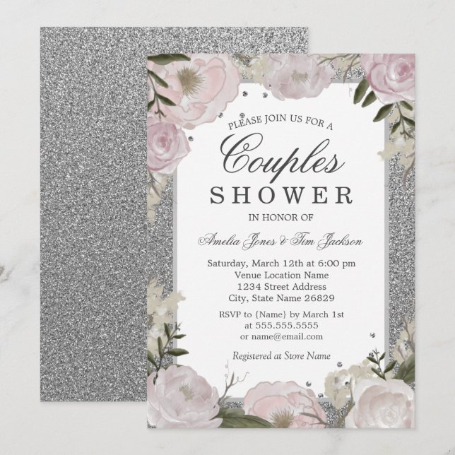 Invitación Sparkle Plata Rosa Ducha Pareja Floral (Anverso / Reverso)