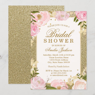 Invitación Sparkle Primavera Dorada Rosa Floral Brillante Duc