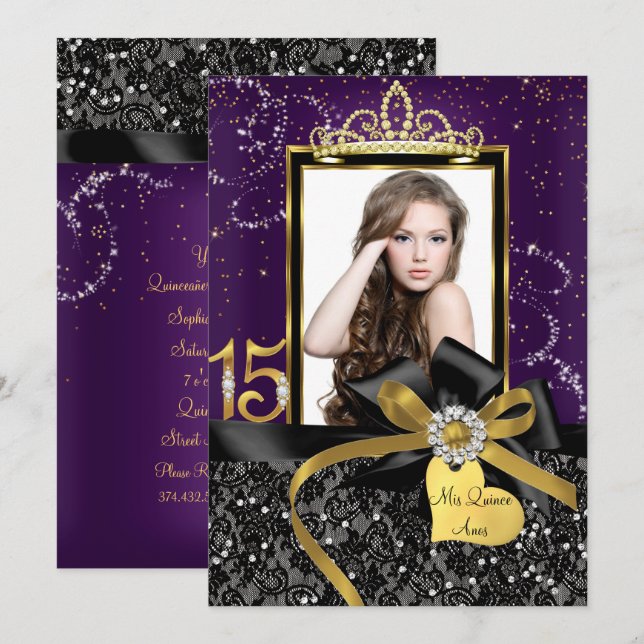 Invitación Sparkle Purple Gold Lace & Bow Photo Quinceanera (Anverso / Reverso)
