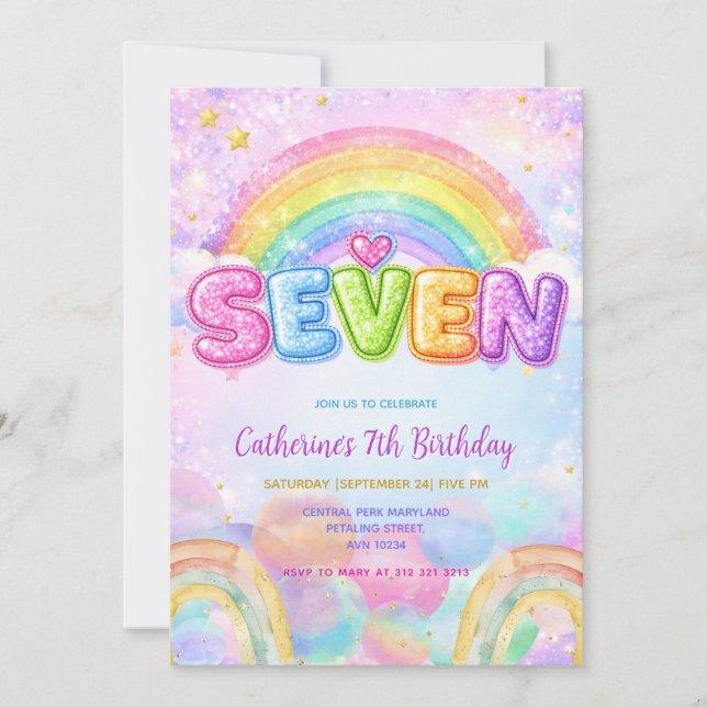 Invitación Sparkle Rainbow 7th Birthday Party (Anverso)
