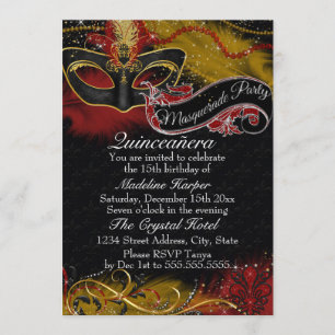 Invitación Sparkle Red & Gold Mask Masquerade Quinceanera