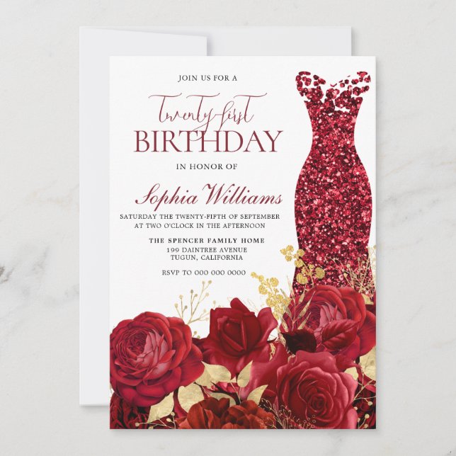 Invitación Sparkle Red Vress Rosas Gold 21st Birthday Fiesta (Anverso)