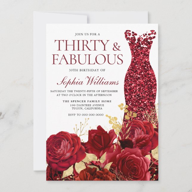 Invitación Sparkle Red Vress Rosas Gold Leaf 30 cumpleaños (Anverso)
