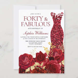 Invitación Sparkle Red Vress Rosas Gold Leaf 40 cumpleaños