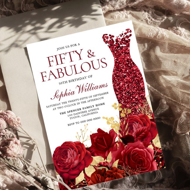Invitación Sparkle Red Vress Rosas Gold Leaf 50 cumpleaños (Subido por el creador)