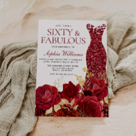 Invitación Sparkle Red Vress Rosas Gold Leaf 60 cumpleaños