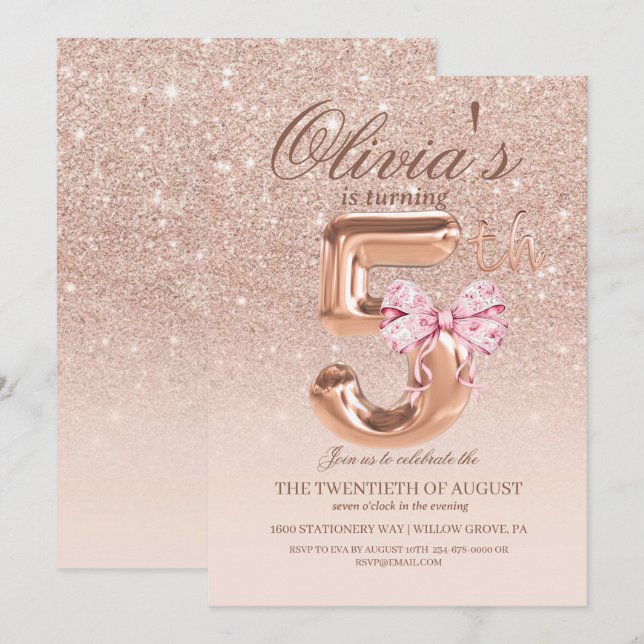 Invitación Sparkle Rosa Gold Modern 5ª fiesta de cumpleaños (Anverso / Reverso)