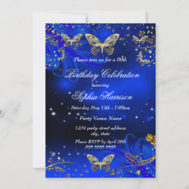 Invitación Sparkle Royal Blue Gold Butterfly Fiesta de cumple