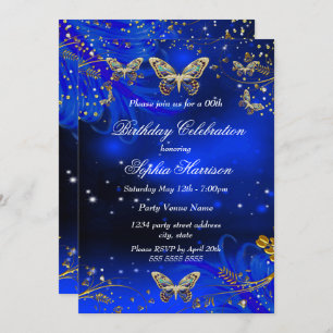 Invitación Sparkle Royal Blue Gold Butterfly Fiesta de cumple