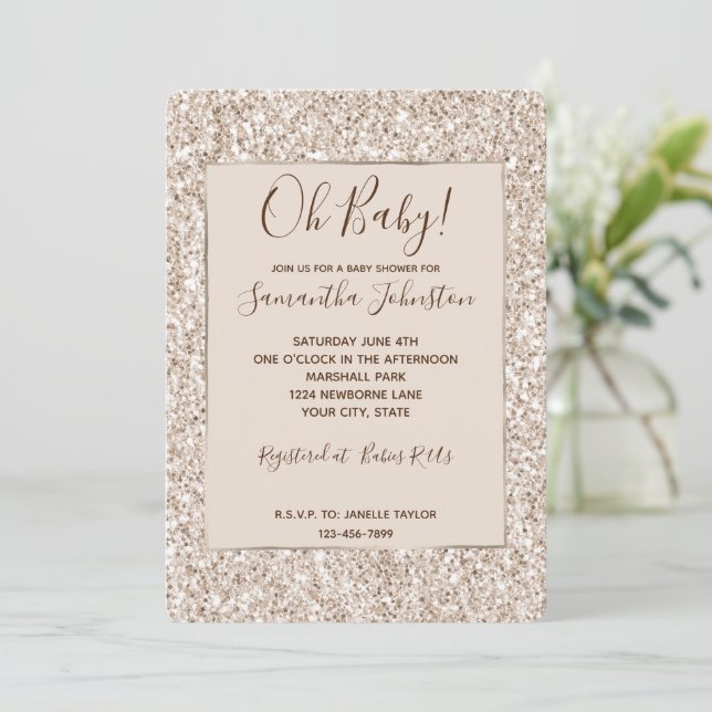 Invitación Sparkle Rubor Cream Glitz Purpurina Baby Shower (Anverso de pie)
