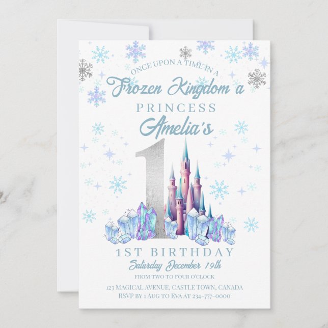 Invitación Sparkle Silver Frozen Kingdom Castle 1º cumpleaños (Anverso)