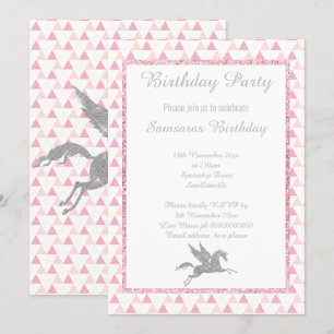 Invitación Sparkle SILVER Unicornio PATRÓN DE PINO BLANCO CUM