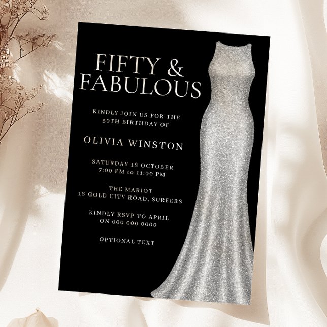 Invitación Sparkle Silver Vestido negro 50 cumpleaños fiesta (Subido por el creador)