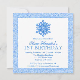 Invitación Sparkle Snowflake Azul Primer cumpleaños