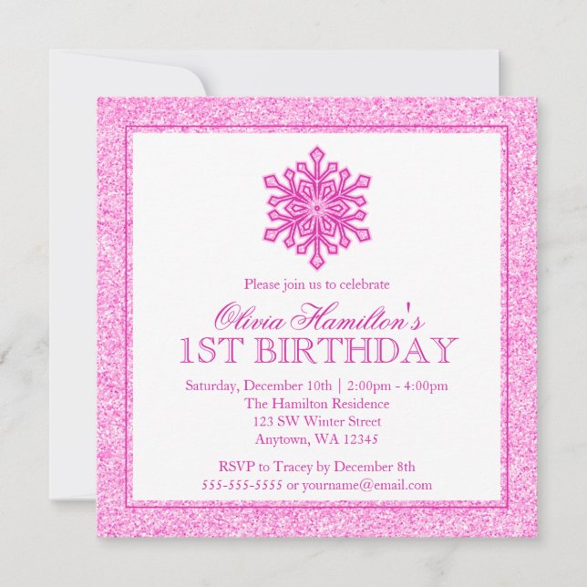 Invitación Sparkle Snowflake Rosa Primer cumpleaños (Anverso)
