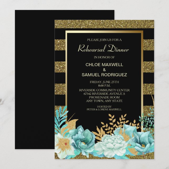 Invitación Sparkle Stripe Gold Mint Floral Ensayo de cena (Anverso / Reverso)