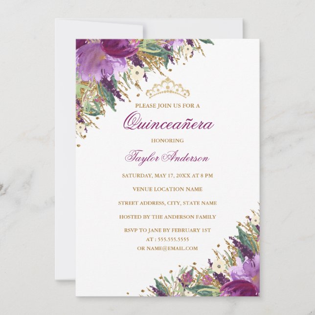 Invitación Sparkle Tiara Amethyst Purple Floral Quinceanera (Anverso)