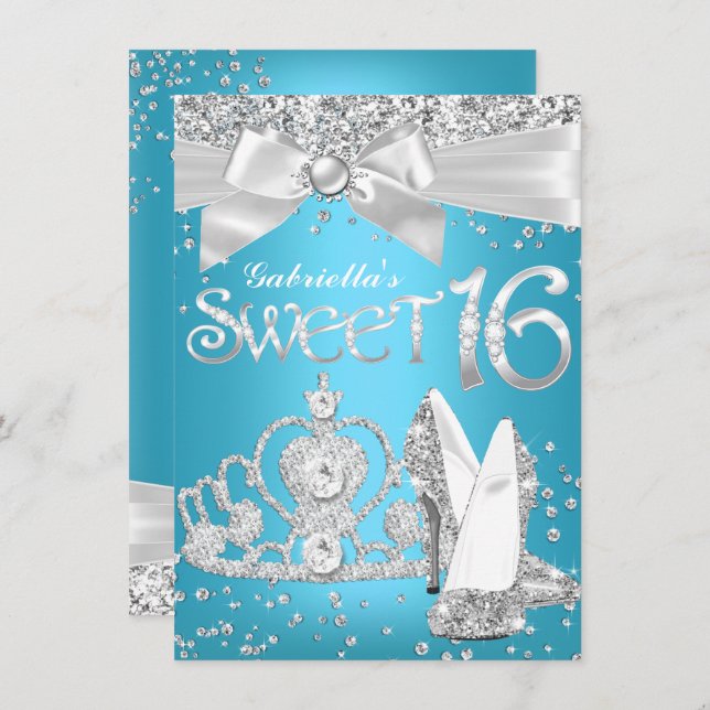Invitación Sparkle Tiara Heels Sweet 16 Invite Blue (Anverso / Reverso)
