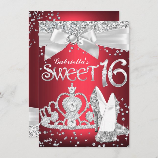 Invitación Sparkle Tiara Heels Sweet 16 Invite Red (Anverso / Reverso)
