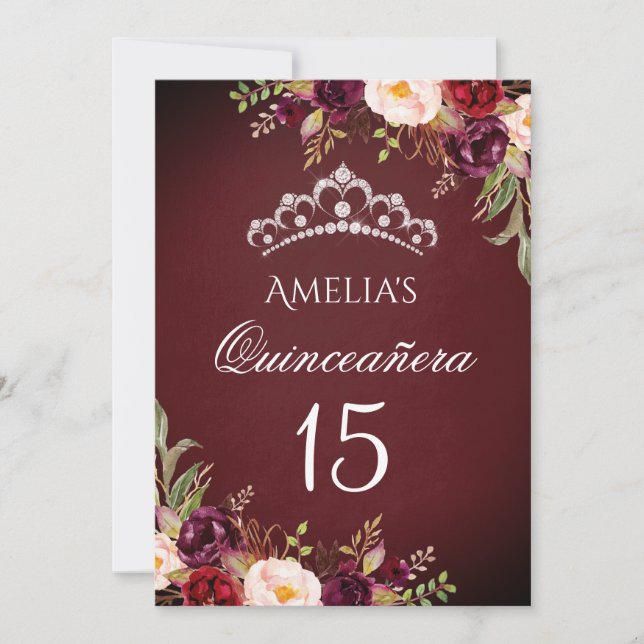 Invitación Sparkle Tiara Plata Borgoña Floral Quinceanera (Anverso)