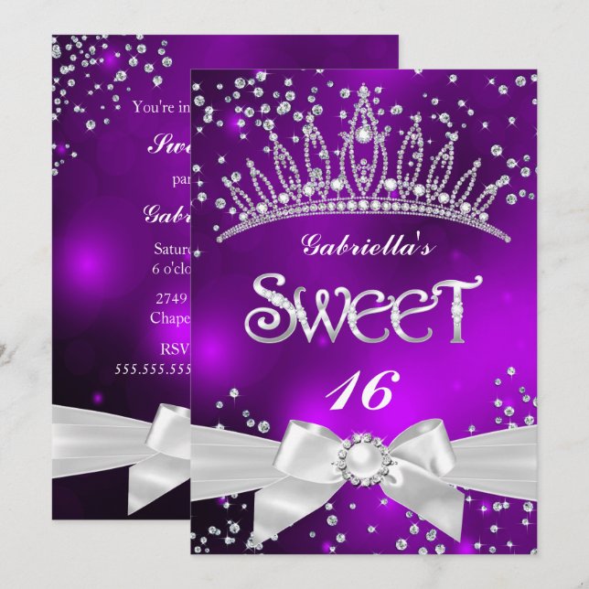 Invitación Sparkle Tiara Sweet 16 fiesta morado (Anverso / Reverso)