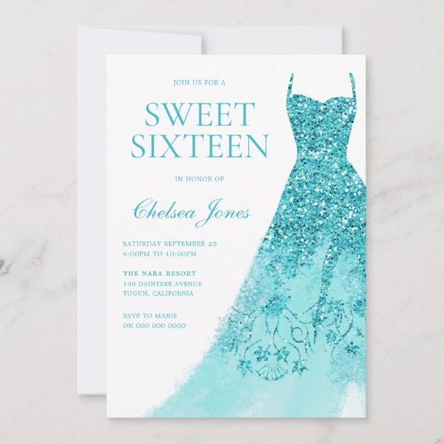 Invitación Sparkle Turquesa Vestido Dulce 16 Fiesta (Anverso)