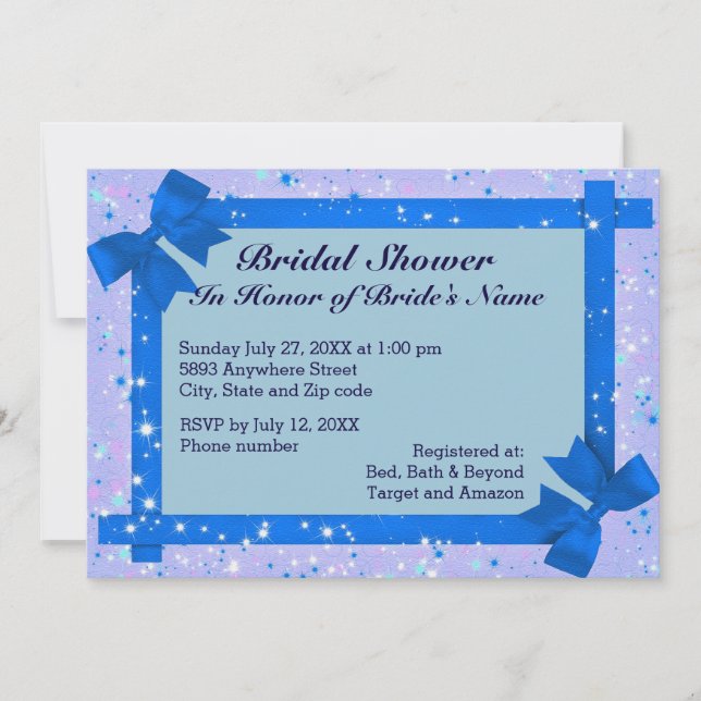 Invitación Sparkles & Blue Ribbon Frame Bridal Shower Invite (Anverso)