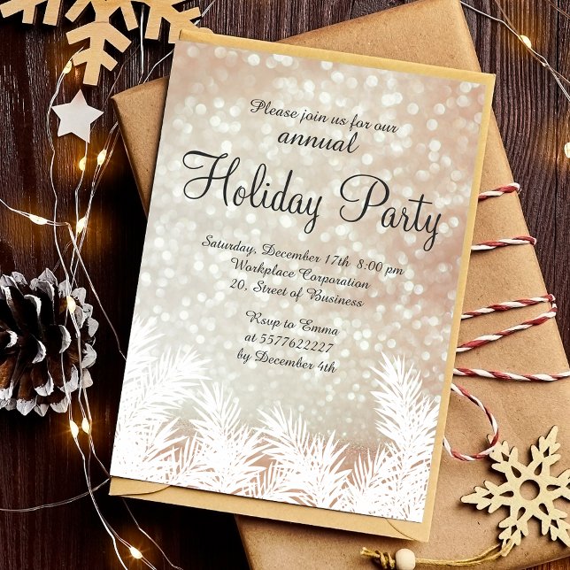 Invitación Sparkles bokek de los pinos de invierno vacaciones (Sparkles bokeh winter pine trees corporate holiday invitation)