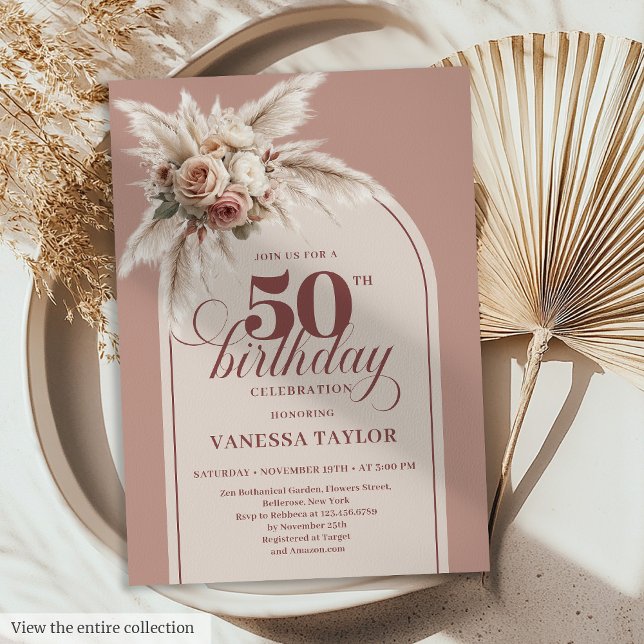 Invitación Sparkling Arch Powder Pink Pampas Floral Fifty (Sparkling Arch Powder Pink Pampas Floral 50th Birthday)