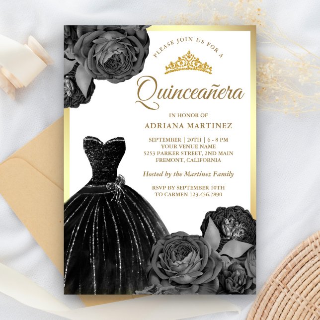 Invitación Sparkling Black Gown Gray Rosas Quinceanera de oro (Subido por el creador)