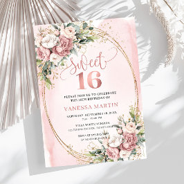 Invitación Sparkling Blush Pink Flowers Eucalyptus 16th Bday