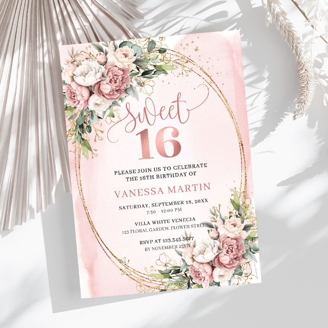 Invitación Sparkling Blush Pink Flowers Eucalyptus 16th Bday (Sparkling Blush Pink Flowers Eucalyptus 16th Birthday Invite

)
