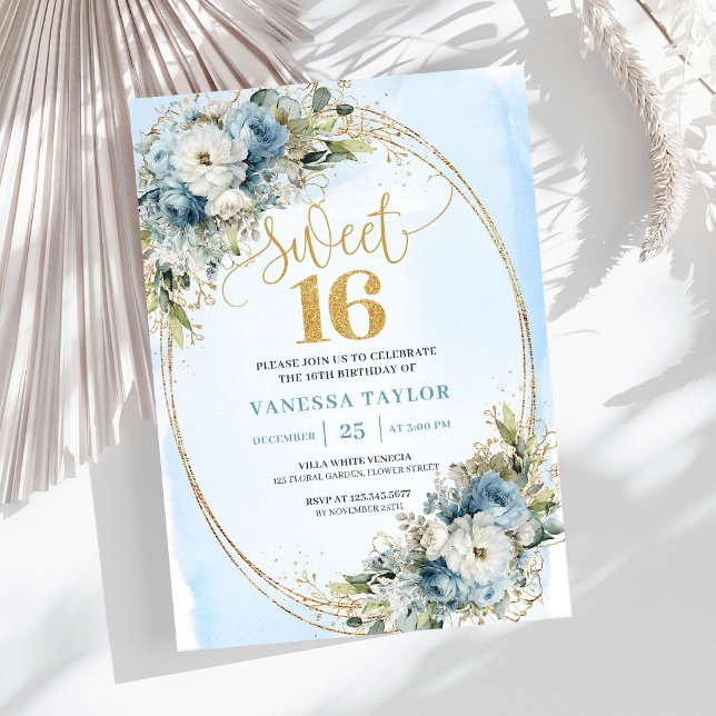 Invitación Sparkling Dusty Blue Greenery Sweet Sixteen Invite (Sparkling Dusty Blue Greenery Sweet Sixteen Invite Design)