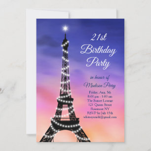 Invitación Sparkling Eiffel Tower Sunset 21st Birthday Invite