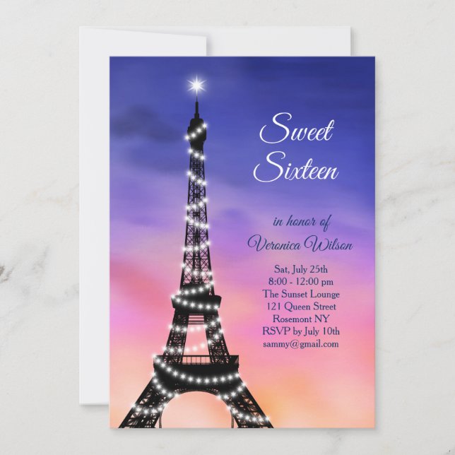 Invitación Sparkling Eiffel Tower Sunset Sweet 16 Invitados (Anverso)