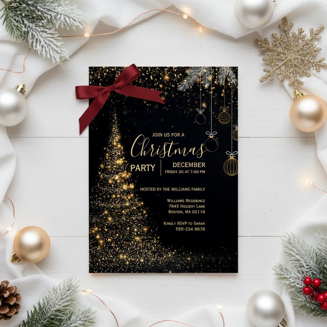 Invitación Sparkling Gold Christmas Tree Invitation (Magical Holiday Celebration)